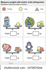 Weight measurement worksheet - Measure weight with metric units (kilograms). - Write the number in the box. - Worksheet for education.