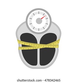 Weight with measuring tape on white background. Concept of diet and obesity. Keep slim, follow diet.