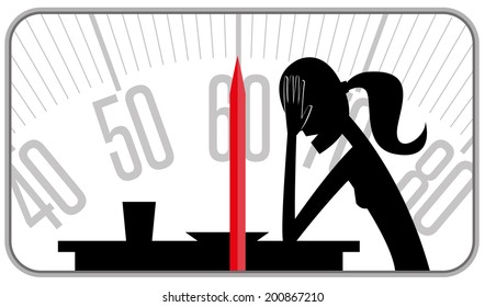 Weight obsession. Slim woman silhouette in front of a table with a dish inside a balance. Representing the drama of anorexia and bulimia,