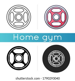 Weight plate icon. Linear black and RGB color styles. Intense strength training, bodybuilding. Athletic sport gear for weightlifting. Heavy round metal plate isolated vector illustrations