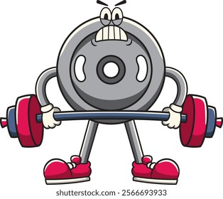 Weight Plate lifting Olympic Barbell Gym Bodybuilding in Retro Cartoon Character Vector Illustration