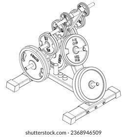 Weight plate rack. Fitness, cardio, and muscle building machines, equipments set at gym. Workout and training concept. Vector illustration.