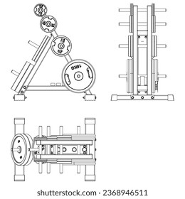 Weight plate rack. Fitness, cardio, and muscle building machines, equipments set at gym. Workout and training concept. Vector illustration.