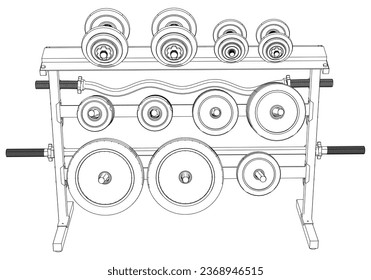 Cremallera de placa de peso. El gimnasio está equipado con máquinas de fitness, cardio y musculación. Concepto de entrenamiento. Ilustración vectorial.