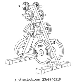 Weight plate rack. Fitness, cardio, and muscle building machines, equipments set at gym. Workout and training concept. Vector illustration.