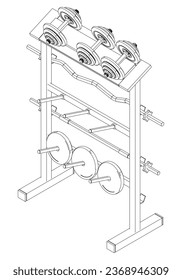 Weight plate storage racks. Gym equipment on white background vector illustration. Different fitness equipment for muscle building. Workout and training concept.