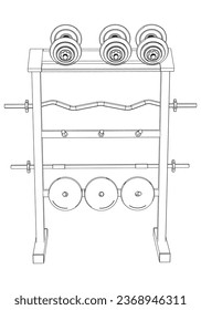 Weight plate storage racks. Gym equipment on white background vector illustration. Different fitness equipment for muscle building. Workout and training concept.