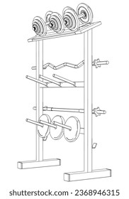 Weight plate storage racks. Gym equipment on white background vector illustration. Different fitness equipment for muscle building. Workout and training concept.