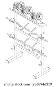 Weight plate storage racks. Gym equipment on white background vector illustration. Different fitness equipment for muscle building. Workout and training concept.