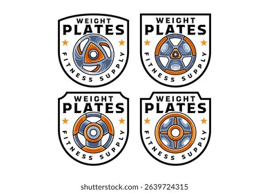 Weight plates colorful vector illustration design set. Weight plate badge logo collections. Fitness, gym, gym equipment, weight training, body care, bodybuilding, workout, weightlifting