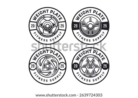 Weight plates retro badge logo collection. Set of Weight plate tool vintage emblem logo collections. Gym, fitness, weightlifting, weight training, body care, bodybuilding, workout. Vector illustration