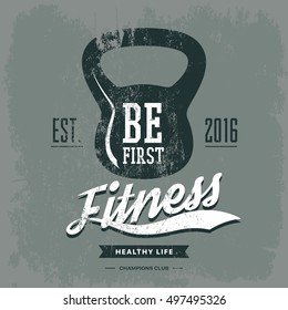 Weight or poise, rod print for t-shirt or sportswear gear. Fitness center logotype or gym, gymnasium banner, training logo and workout banner as activity centre advertising