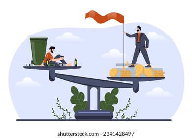 Weight poor and rich concept. Homeless man and rich businessman with gold coins and banknotes. Equality, tolerance and respect, society. Poster or banner. Cartoon flat vector illustration