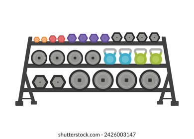 Weight rack, dumbbell stand. Gym storage rack for free weights and kettlebell sets. Flat vector illustration, isolated on white background. 