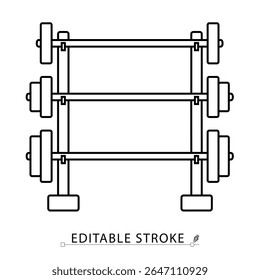 A weight rack icon in minimalist style with editable stroke. Dumbbell storage, gym equipment, fitness training, bodybuilding gear, strength workout, lifting tools, outline object, vector illustration.