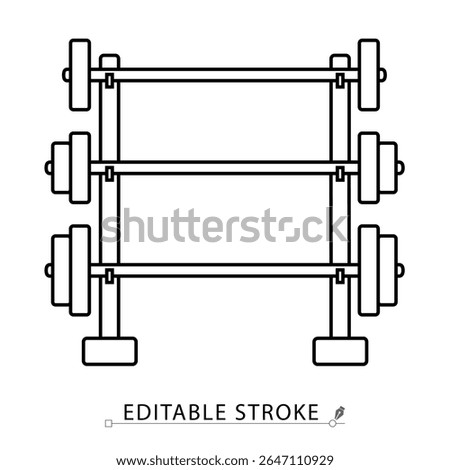 A weight rack icon in minimalist style with editable stroke. Dumbbell storage, gym equipment, fitness training, bodybuilding gear, strength workout, lifting tools, outline object, vector illustration.