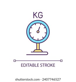Weight RGB color icon. Kilograms scales. Traditional balance. Evaluate size. Measuring instrument. Isolated vector illustration. Simple filled line drawing. Editable stroke. Arial font used