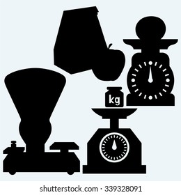 Weight scale, weight, apple and Paper bag. Isolated on blue background. Vector silhouettes