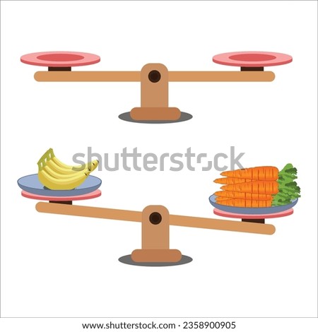 Weight scale balance measuring on a white background. Comparison of weight in a cartoon minimal style, showing an unbalanced situation with balancing on a seesaw. Vector illustration.