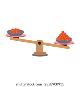 Weight scale balance measuring tomatoes on white background. Comparison of weight in a cartoon minimal style, showing an unbalanced situation with tomatoes balancing on a seesaw. Vector illustration.