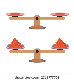 Weight scale balance on a white background. Comparison of weight in a cartoon minimal style,showing an unbalanced situation with balancing on a seesaw. Vector illustration.