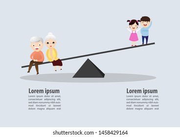 Weight scale between senior and childen. Aging social metaphor concept.Vector, illustration