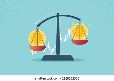 Escala de peso con el negocio de bitcoin delante de la tabla ascendente. Acumulación y compra del concepto de moneda criptográfica. Bolsa internacional. Tendencia ascendente de Bitcoin. diseño vectorial.