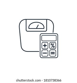 Escala de peso y calculadora. Icono lineal vectorial aislado en fondo blanco.