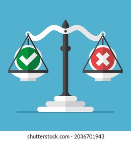 Weight scale with check mark and cross. Yes, no, choice, decision, right, wrong, positive, negative concept. Flat design. Vector illustration. EPS 8, no gradients, no transparency