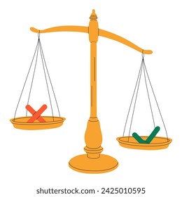 Weight scale with check mark and cross. Yes, no, choice, decision, right, wrong, positive, negative concept. Flat design. Vector illustration.