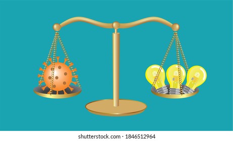 Weight scale. Corona versus research, ideas. Vector illustration.