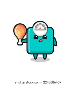 weight scale cute mascot is eating a fried chicken , cute style design for t shirt, sticker, logo element