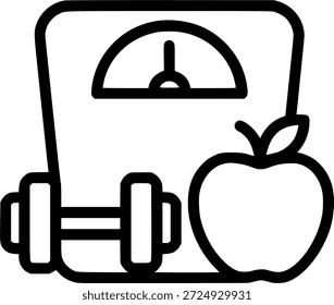 weight scale device, dumbbell and apple fruit icon over white sign, symbol, vector, art