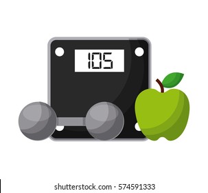 weight scale device, dumbbell and apple fruit icon over white background. healthy lifestyle concept. vector illustration