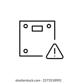 Weight scale and exclamation mark in triangle. Weight management alert, obesity health risks notifications. Pixel perfect vector icon