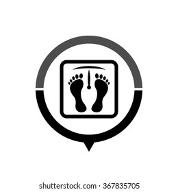 weight scale with foot prints - black vector icon; map pointer;  message bubble