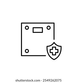 Weight scale and health insurance shield with cross. Healthy weight, dietitian services. Pixel perfect vector icon