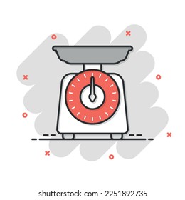 Weight scale icon in comic style. Mass measurement cartoon vector illustration on isolated background. Overweight splash effect sign business concept.