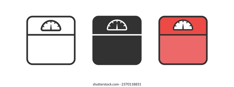 Weight scale icon. Overweight body symbol. Kg scale. Diet control signs. Weighing symbols. Measure tool icons. Black, red color. Vector isolated sign.