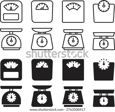 Weight scale icon set. Simple kitchen vectors. Black flat and outline silhouette kitchen food weight tool. Kilogram. Fitness scale for body weight. Mass signs and symbols. Health concepts measurement.
