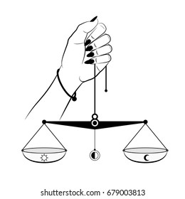 weight scale justice hold in hang judge civil right law and justice concept. vector abstract illustration flat design. isolated on background. tattoo design. zodiac sign libra. realistic symbol.