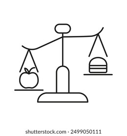 Weight Scale Line Icon with Balancing Apple And Burger Symbol of Healthy Eating Versus Unhealthy Diet. Isolated Vector Illustration.