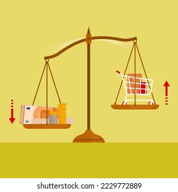 Escala de peso con mucho dinero en un plato y carro de compras con comestibles en el otro plato: inflación, aumento de los precios de los bienes y concepto de compras caras