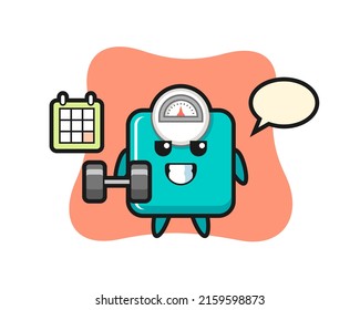caricatura de mascota a escala de peso haciendo fitness con doblez, diseño de estilo lindo para camiseta, pegatina, elemento logotipo