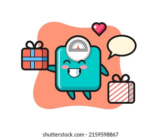 weight scale mascot cartoon giving the gift , cute style design for t shirt, sticker, logo element