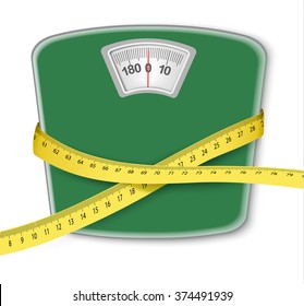 Weight scale with a measuring tape. Concept of diet. Vector.