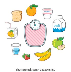 Weight scale, milk carton, water cup, bread slice or toast, yogurt cup, strawberry, orange fruit juice box, green apple with slice, bananas isolated. Dieting healthy food cartoon vector icons set.