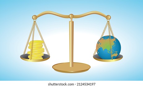 Weight scale with money on one side and planet Earth on the other. The illustration could be found with other side of plant on top of globe. Vector illustration. EPS10.