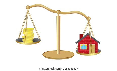 Escala de peso con dinero de un lado y del otro una casa. Ilustración vectorial. Aislado sobre fondo blanco.