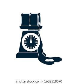 weight scale with oil barrel spilled over white background, silhouette style, vector illustration